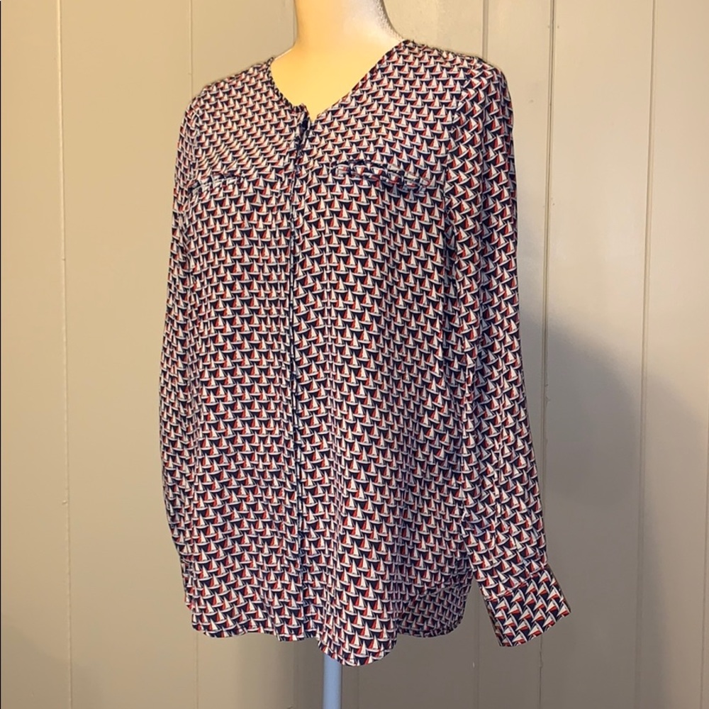 JOIE 100% SILK LONG SLEEVE NAVY WITH RED, BLOUSE